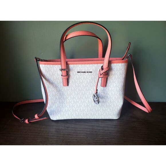 Michael Kors Jet Set Travel Extra-Small Logo Top-Zip Tote Bag Dark Pink Coral - Picture 1 of 12